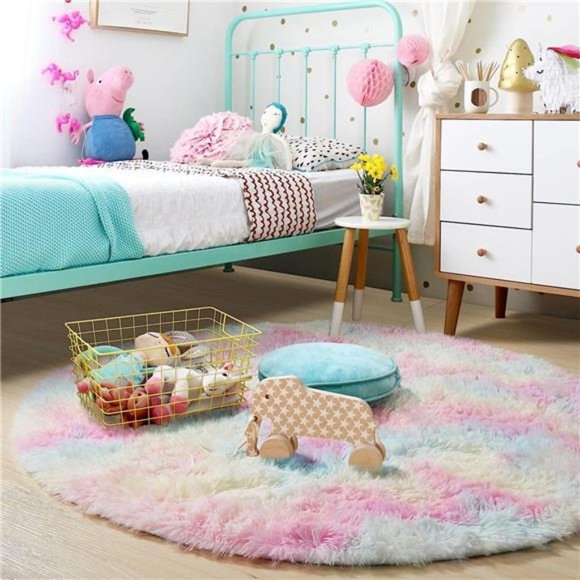 Rainbow Fluffy Rugs for Girls Bedroom 5ft,Unicorn Room Decor,Pastel Round Rug - Picture 2 of 6